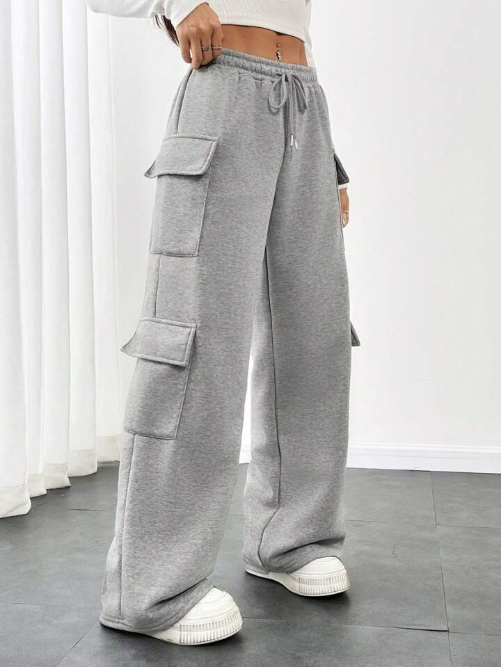Heather Grey Drawstring Wide-Leg Cargo Joggers