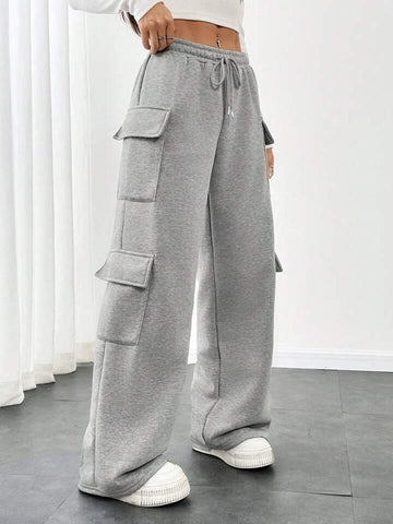 Heather Grey Drawstring Wide-Leg Cargo Joggers