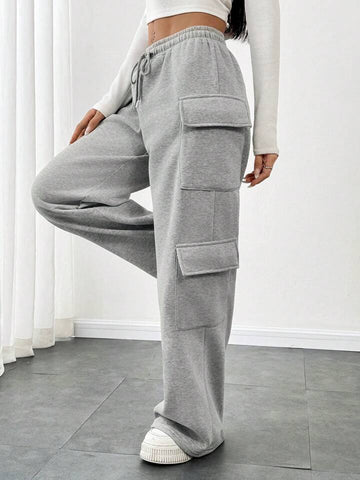 Heather Grey Drawstring Wide-Leg Cargo Joggers