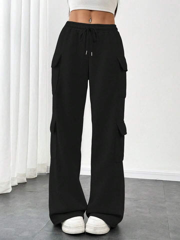 Black Multi-Pocket Wide-Leg Cargo Trousers