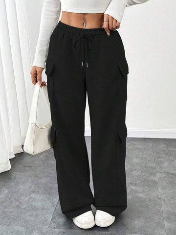 Black Multi-Pocket Wide-Leg Cargo Trousers