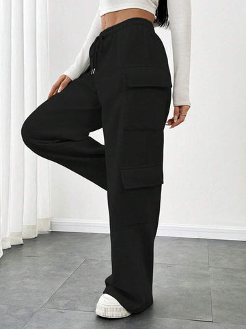 Black Multi-Pocket Wide-Leg Cargo Trousers