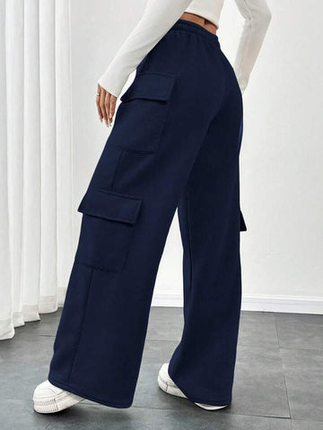 Navy Blue Drawstring Wide-Leg Cargo Joggers
