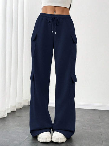 Navy Blue Drawstring Wide-Leg Cargo Joggers