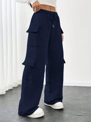 Navy Blue Drawstring Wide-Leg Cargo Joggers