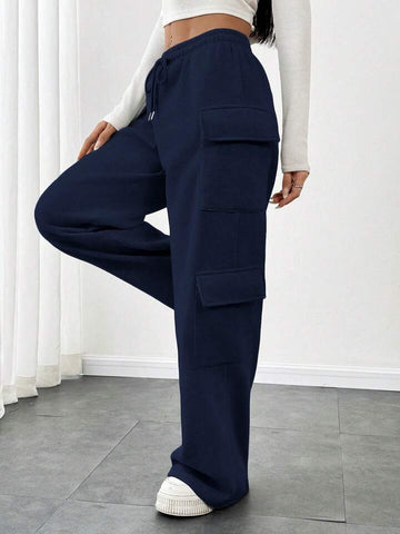 Navy Blue Drawstring Wide-Leg Cargo Joggers