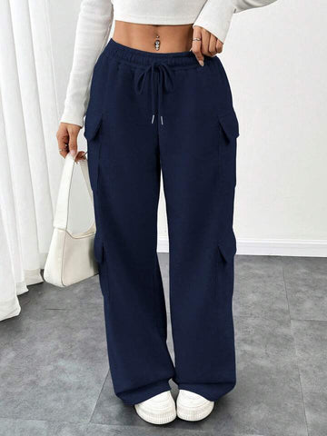 Navy Blue Drawstring Wide-Leg Cargo Joggers
