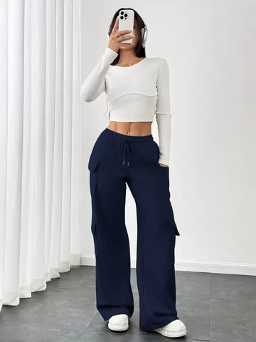Navy Blue Drawstring Wide-Leg Cargo Joggers