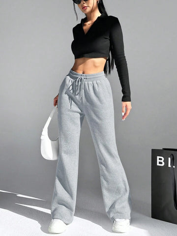 Heather Grey Drawstring Wide-Leg Joggers