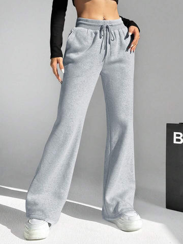 Heather Grey Drawstring Wide-Leg Joggers