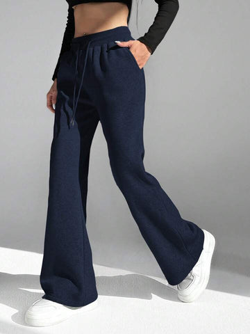 Navy Blue Drawstring Wide-Leg Joggers
