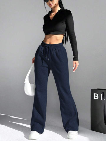 Navy Blue Drawstring Wide-Leg Joggers