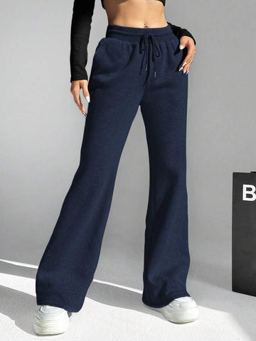 Navy Blue Drawstring Wide-Leg Joggers