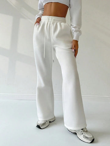 White Drawstring Wide-Leg Joggers