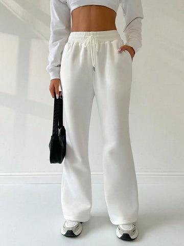 White Drawstring Wide-Leg Joggers