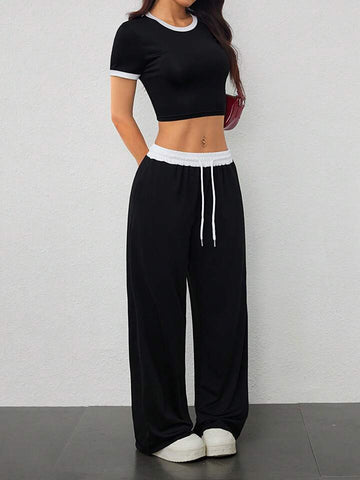 Black Contrast-Waist Wide-Leg Sweatpants