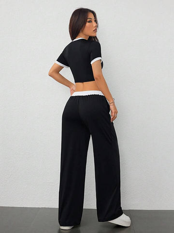 Black Contrast-Waist Wide-Leg Sweatpants