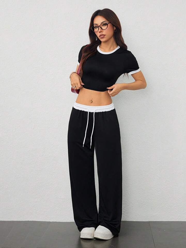 Black Contrast-Waist Wide-Leg Sweatpants