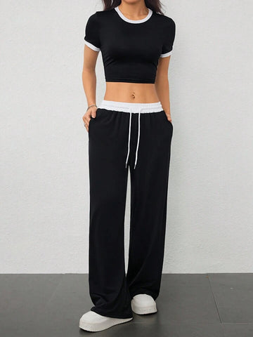 Black Contrast-Waist Wide-Leg Sweatpants