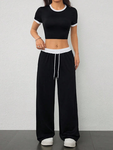 Black Contrast-Waist Wide-Leg Sweatpants