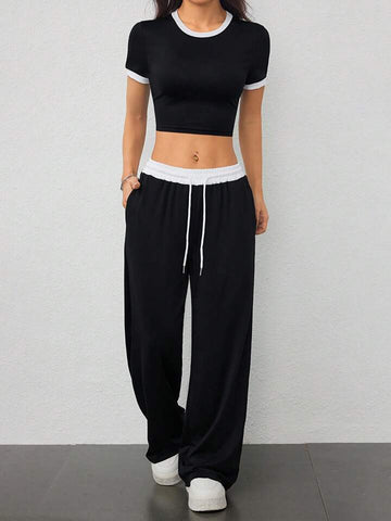 Black Contrast-Waist Wide-Leg Sweatpants