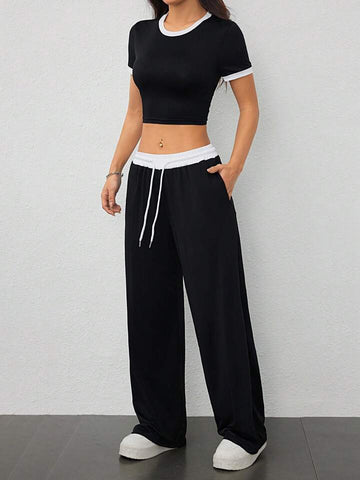 Black Contrast-Waist Wide-Leg Sweatpants