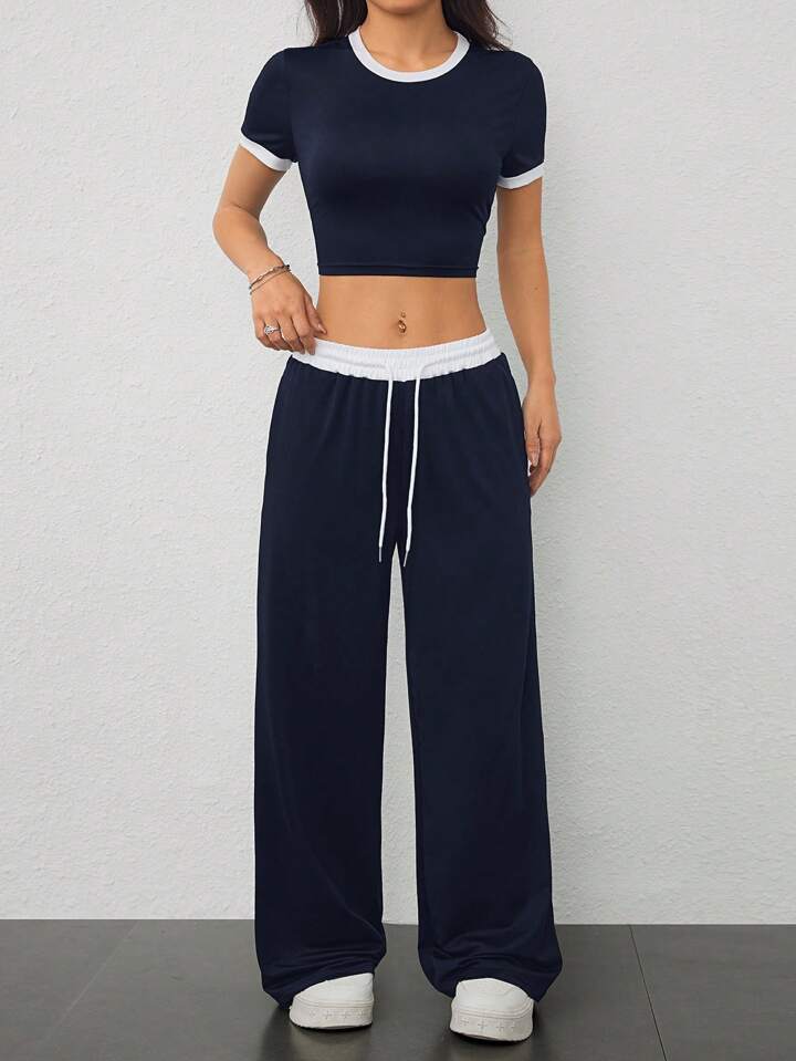 Navy Blue Contrast-Waist Wide-Leg Sweatpants