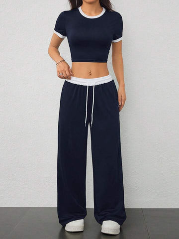 Navy Blue Contrast-Waist Wide-Leg Sweatpants