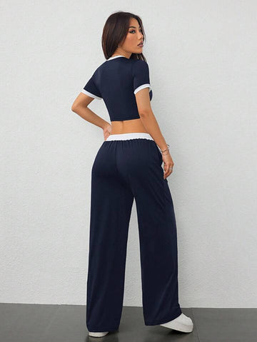 Navy Blue Contrast-Waist Wide-Leg Sweatpants