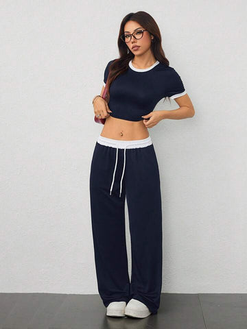 Navy Blue Contrast-Waist Wide-Leg Sweatpants