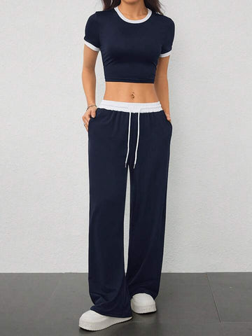 Navy Blue Contrast-Waist Wide-Leg Sweatpants
