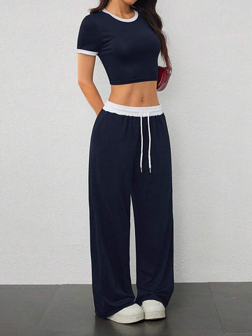 Navy Blue Contrast-Waist Wide-Leg Sweatpants