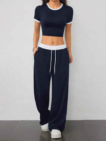Navy Blue Contrast-Waist Wide-Leg Sweatpants
