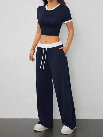 Navy Blue Contrast-Waist Wide-Leg Sweatpants