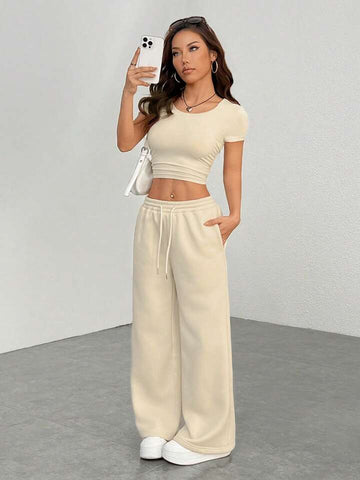 Beige Drawstring Wide-Leg Joggers
