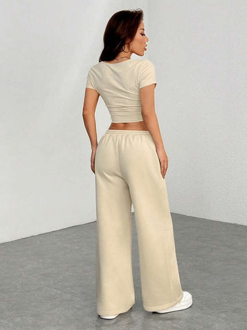 Beige Drawstring Wide-Leg Joggers