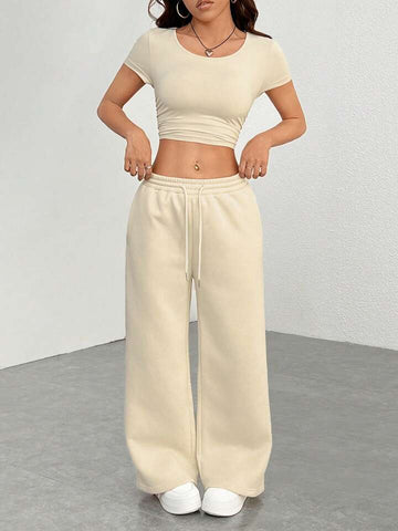 Beige Drawstring Wide-Leg Joggers