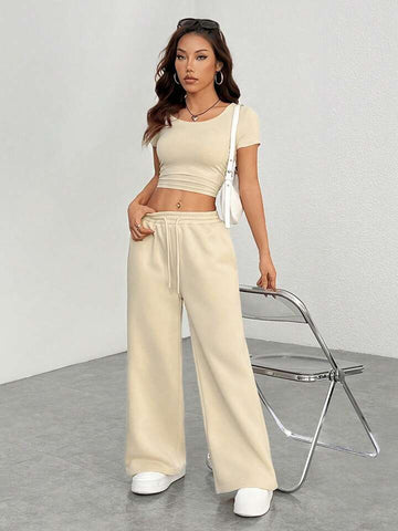 Beige Drawstring Wide-Leg Joggers