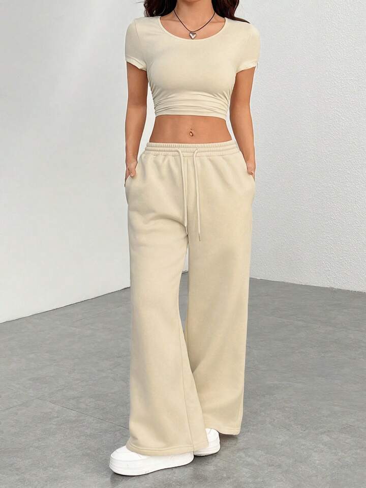 Beige Drawstring Wide-Leg Joggers
