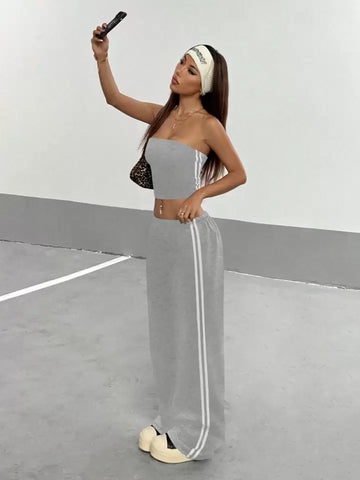 Heather Grey Striped Wide-Leg Co-ord Set