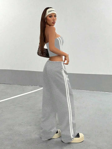 Heather Grey Striped Wide-Leg Co-ord Set
