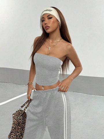 Heather Grey Striped Wide-Leg Co-ord Set