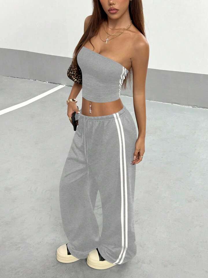 Heather Grey Striped Wide-Leg Co-ord Set