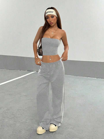 Heather Grey Striped Wide-Leg Co-ord Set