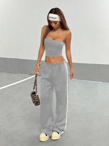Heather Grey Striped Wide-Leg Co-ord Set
