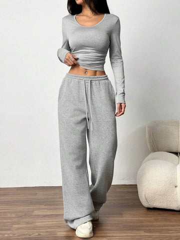 Heather Grey Drawstring Wide-Leg Joggers