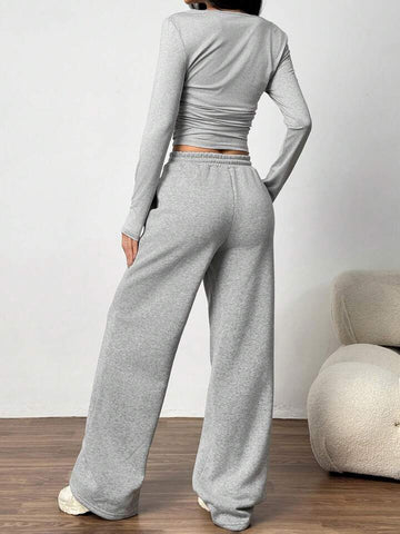 Heather Grey Drawstring Wide-Leg Joggers
