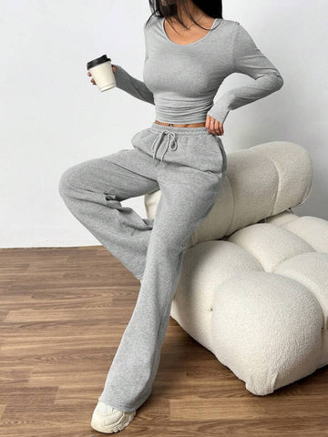 Heather Grey Drawstring Wide-Leg Joggers