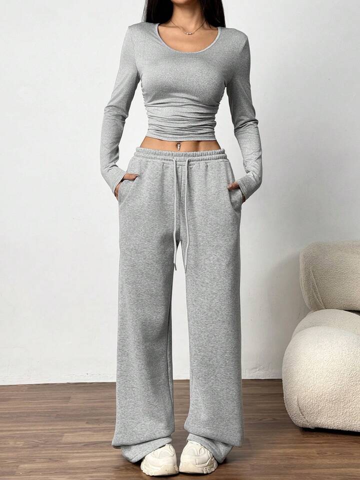 Heather Grey Drawstring Wide-Leg Joggers