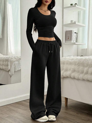Black Drawstring Wide-Leg Sweatpants
